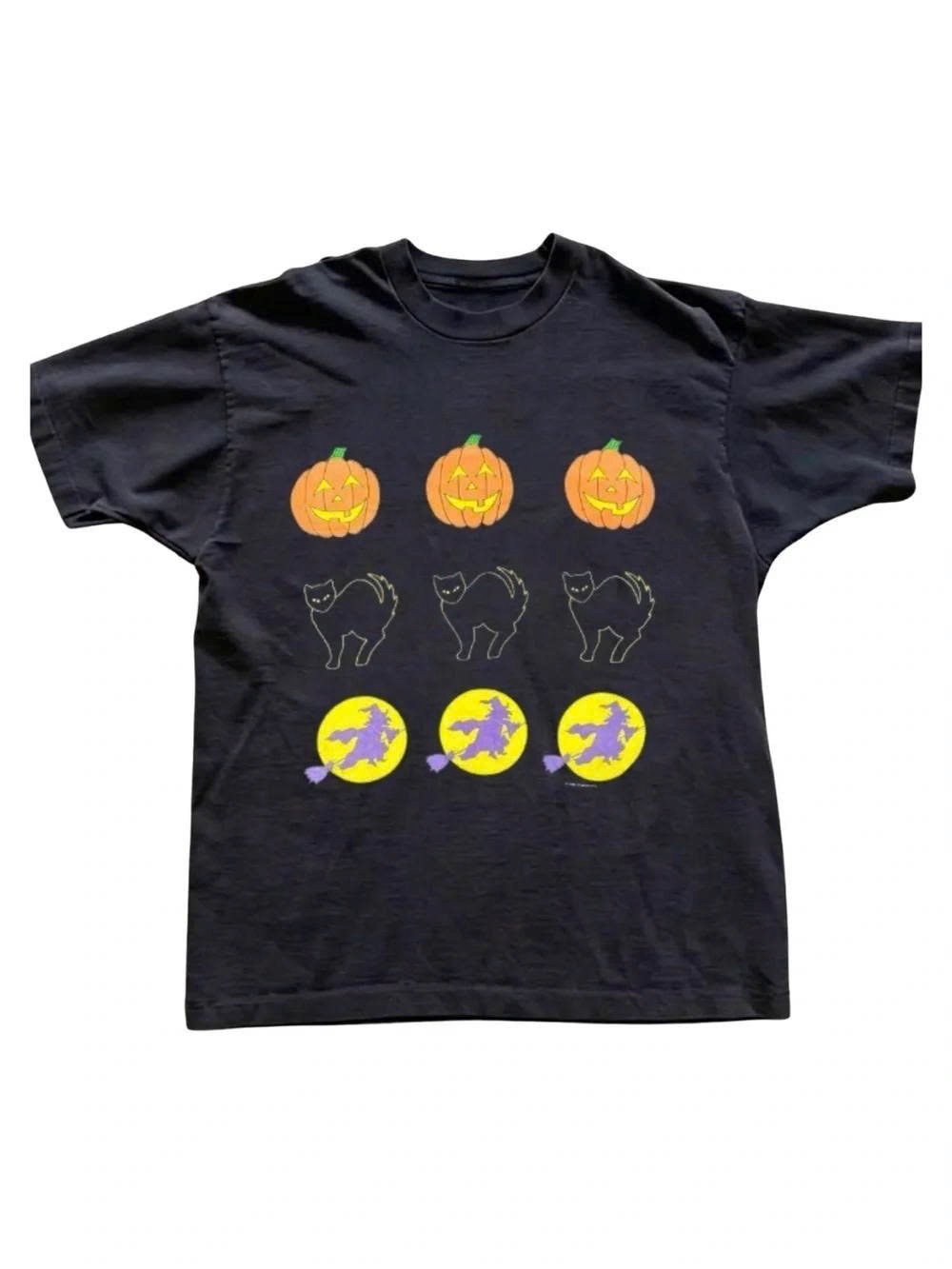 Halloween Graphic Tee - Black with Pumpkins, Cats & Witches